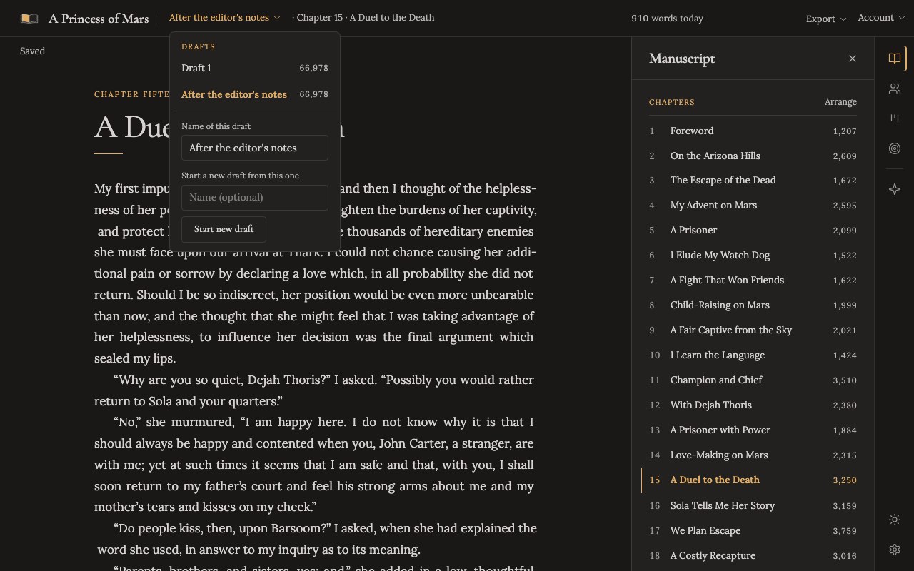 The draft menu open in dark mode, listing Draft 1 and a second draft named After the editor's notes, with a box to start another.