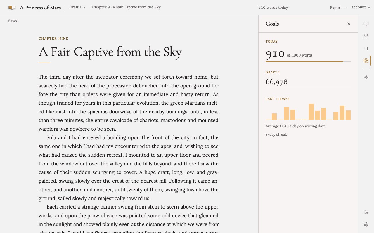 The Goals tab beside A Princess of Mars: words today against a daily goal, the draft total and the last 14 days.