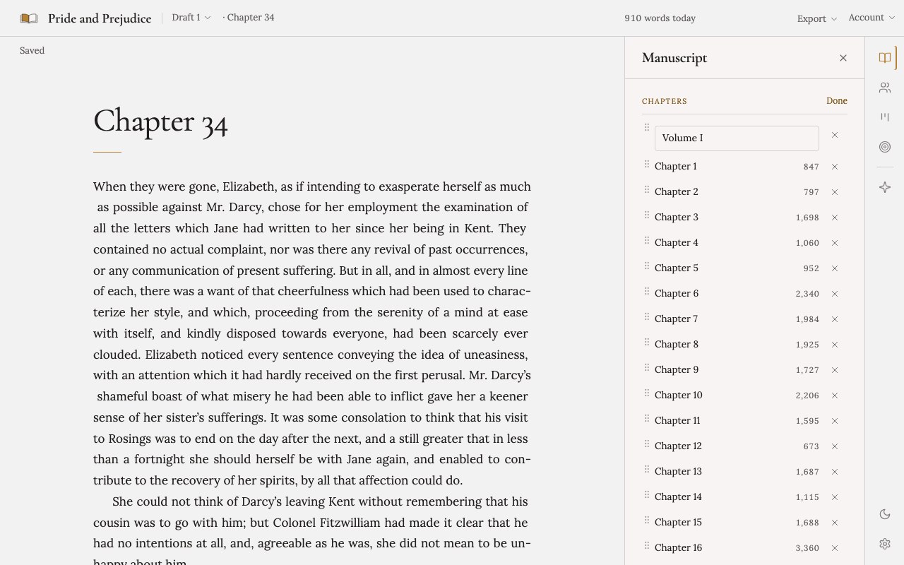 The chapter list in Arrange mode beside Chapter 34 of Pride and Prejudice, with a part title at the top.