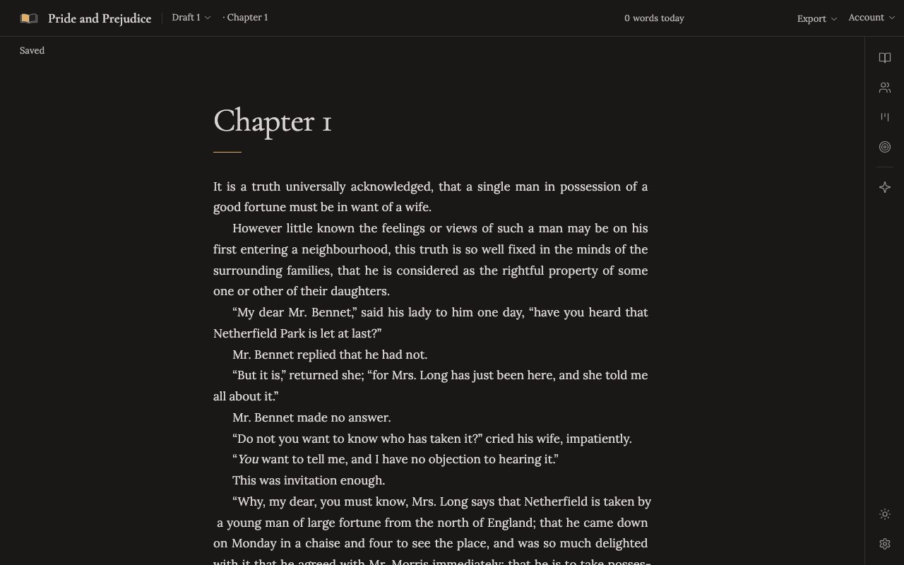 The writing desk in dark mode with the drawer closed, showing the opening of Pride and Prejudice.